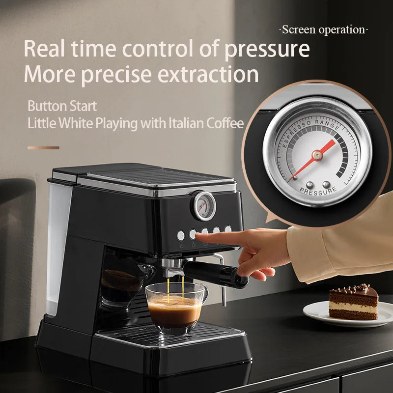 Black compact Italian espresso machine with pressure gauge, button controls, and portafilter brewing fresh coffee.
