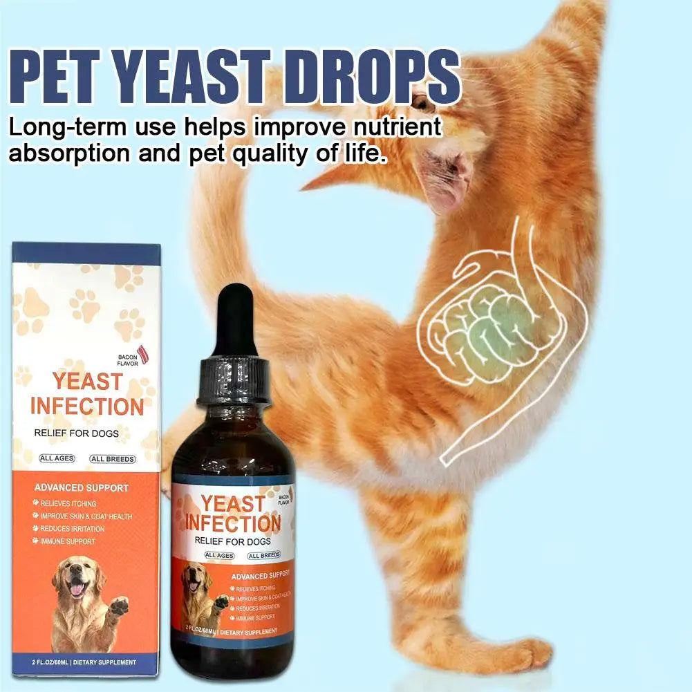 60ml bacon-flavored yeast infection drops for dogs to relieve itching and improve skin and coat health.