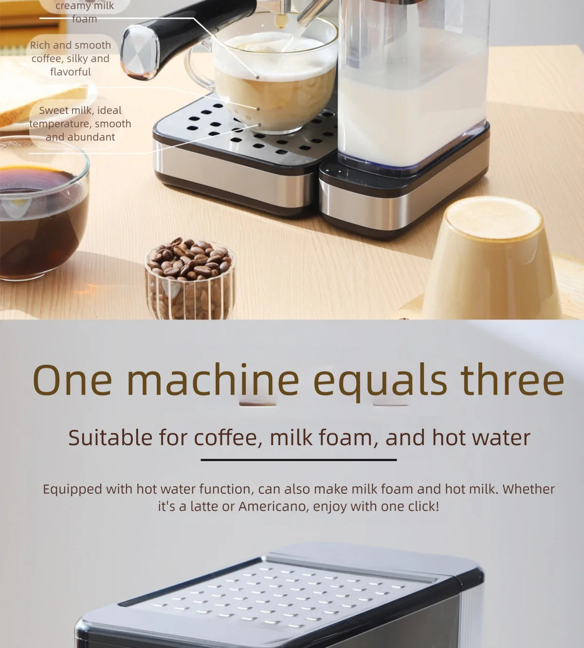 Black and silver 3-in-1 espresso machine with milk frother and hot water dispenser for lattes and Americanos.