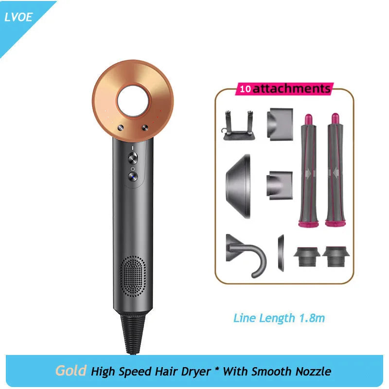1600W gold ionic hair dryer with 10 styling attachments, professional high-speed motor, and sleek ergonomic design.