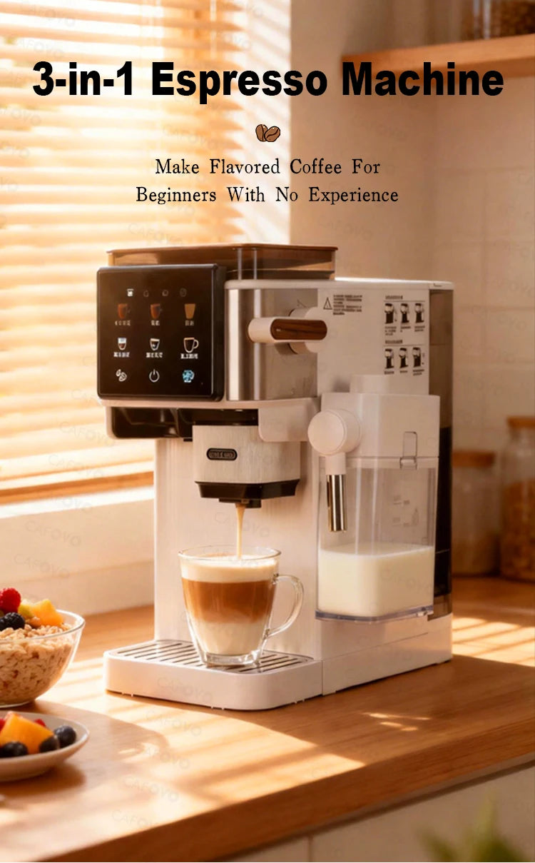 Cafovo 3-in-1 white espresso machine with milk frother, digital touch display, and glass coffee cup on a kitchen counter.