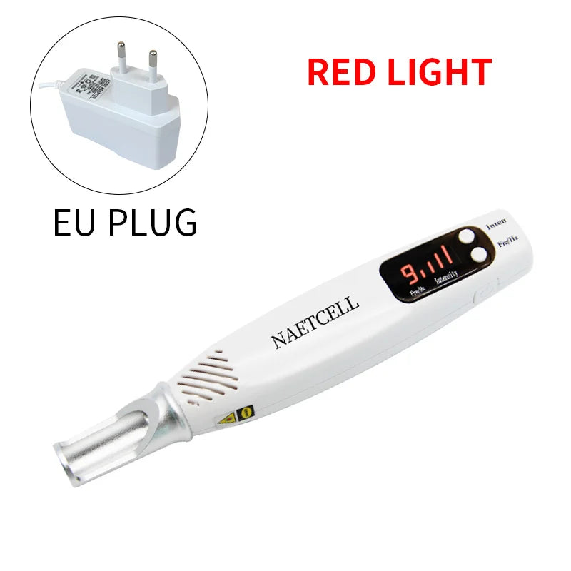 White picosecond laser pen for tattoo, acne, and dark spot removal with EU plug and red light treatment display.
