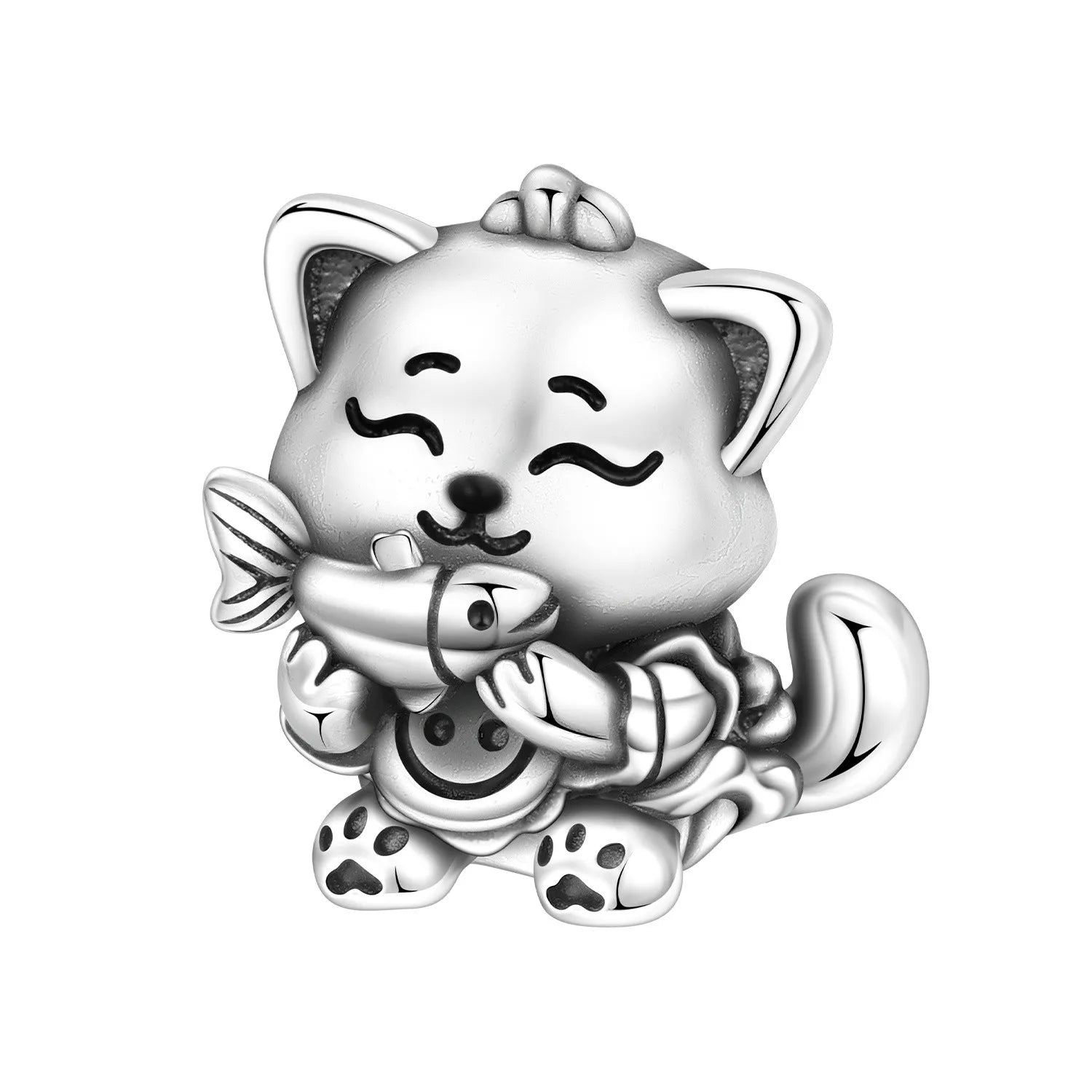 925 sterling silver cat charm pendant holding a fish, perfect for DIY pet-themed charm bracelets and jewelry gifts.