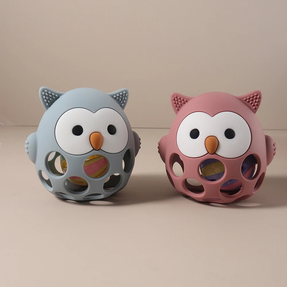 Silicone Teether Baby Gift Owl Shaped Cartoon Cute Teething Toy Chew Bead Sensory Gum Relief Soother Bell Sound Soft Cute
