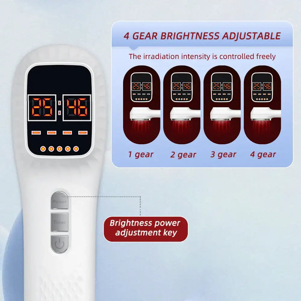 White handheld LED light therapy device with four adjustable brightness settings shown on a digital timer display.