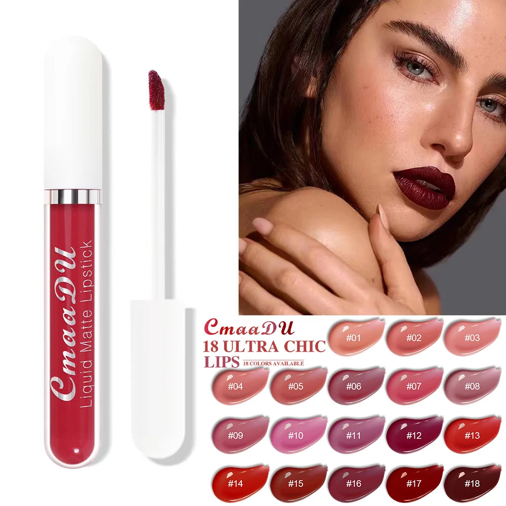 Long-lasting waterproof matte liquid lipstick with applicator, 18 shades, showing a deep dark red lip makeup look.