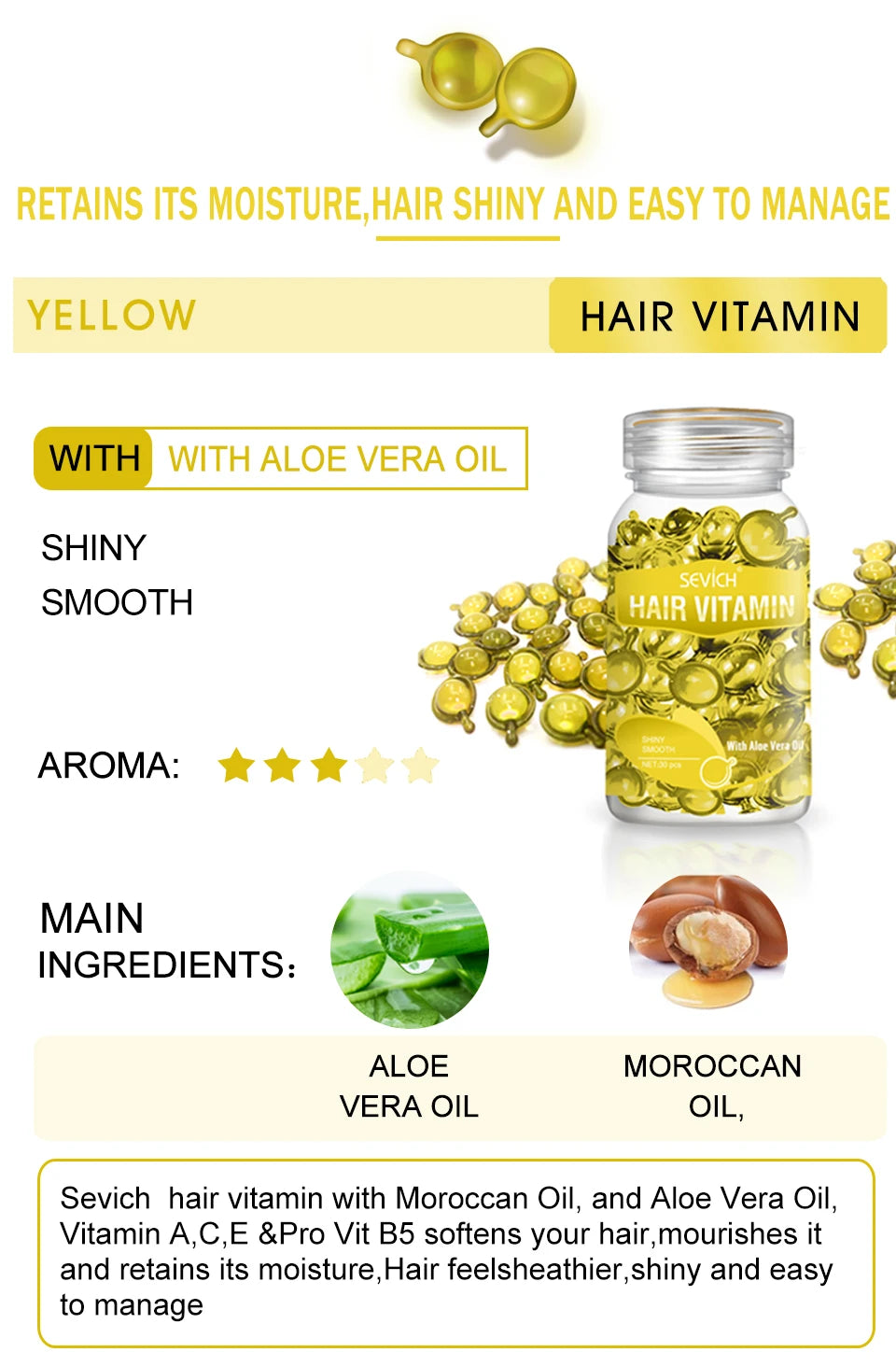 Sevich 30pc hair vitamin capsules with Moroccan and Aloe Vera oil for smooth, shiny, and repaired damaged hair.
