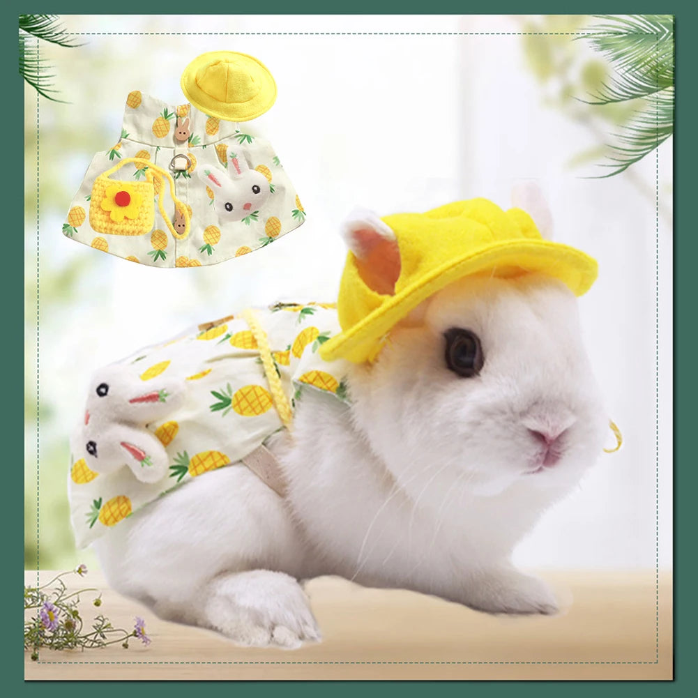 Cute bunny wearing a pineapple-print vest with matching yellow hat and bag for comfortable outdoor walking and dress-up.