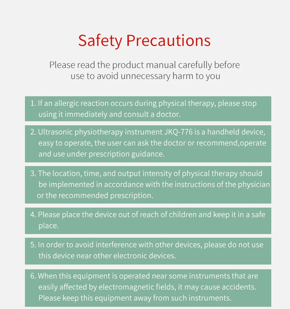 Safety precautions guide for JKQ-776 handheld ultrasound physiotherapy device for home pain relief and muscle therapy.