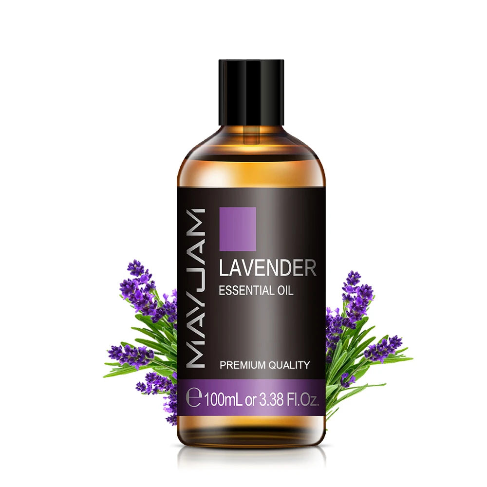 100ml lavender essential oil bottle with black cap and amber label for diffusers.