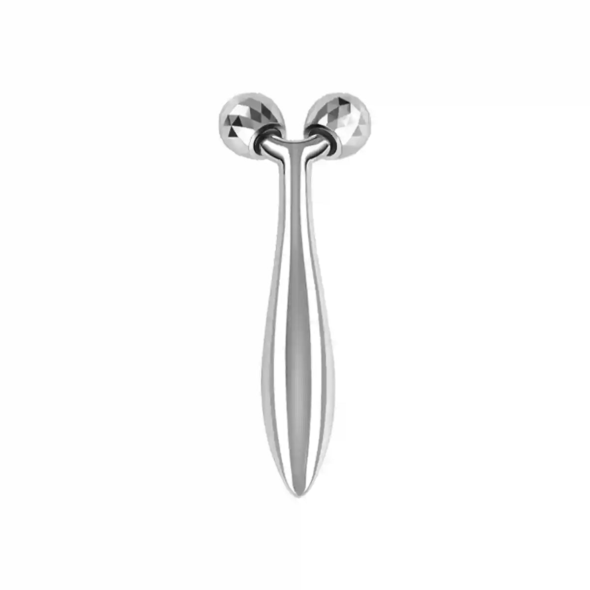 Silver Y-shaped 3D facial massager with two textured, multi-faceted rotating balls on a smooth, ergonomic handle.