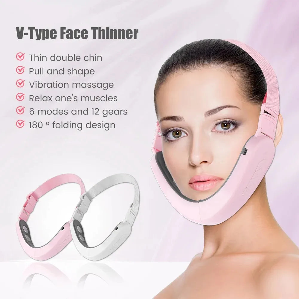 A model wears a pink V-face electric massager. Next to her, a pink and a white unit are displayed.