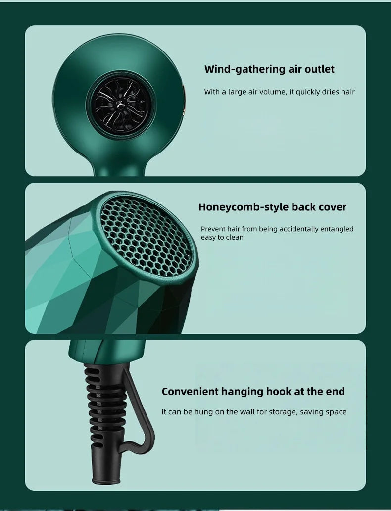 Green professional hair dryer with high-power wind outlet, honeycomb back cover, and convenient storage hook.