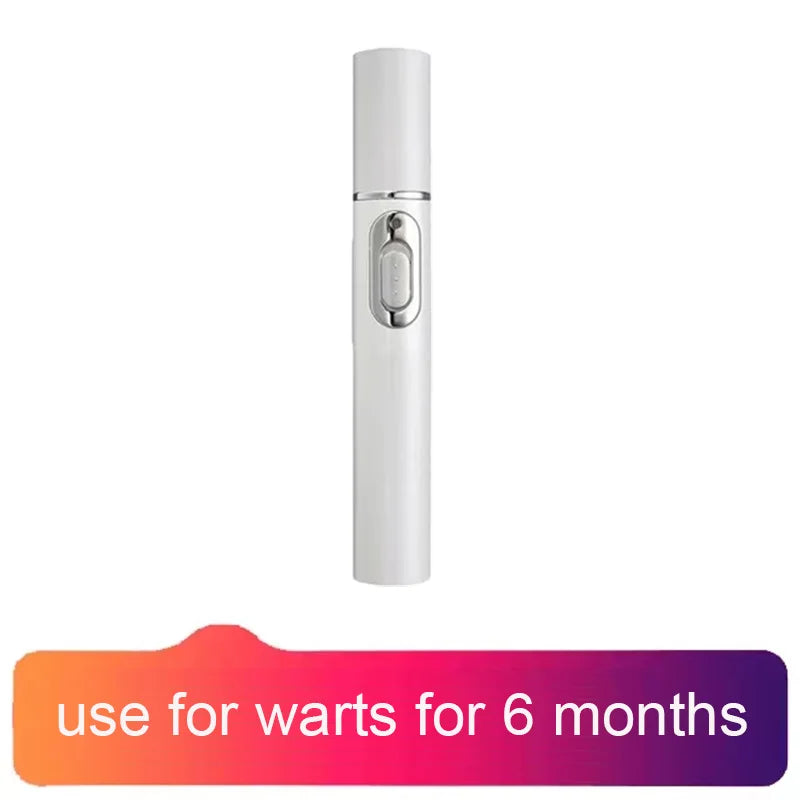 A sleek white cylindrical wart removal pen with a silver power button, set against a white background.