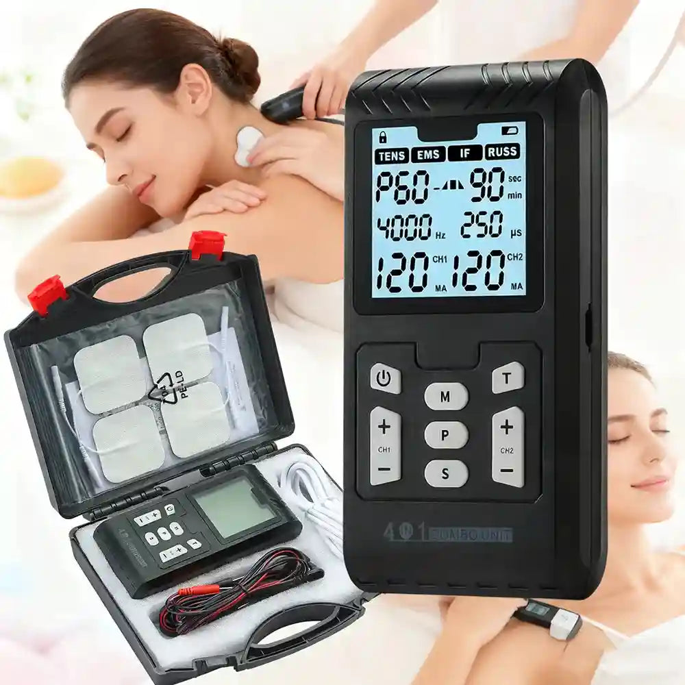 Black 4-in-1 IFT, RUSS, EMS, TENS muscle stimulator device with digital display, electrode pads, and carry case.