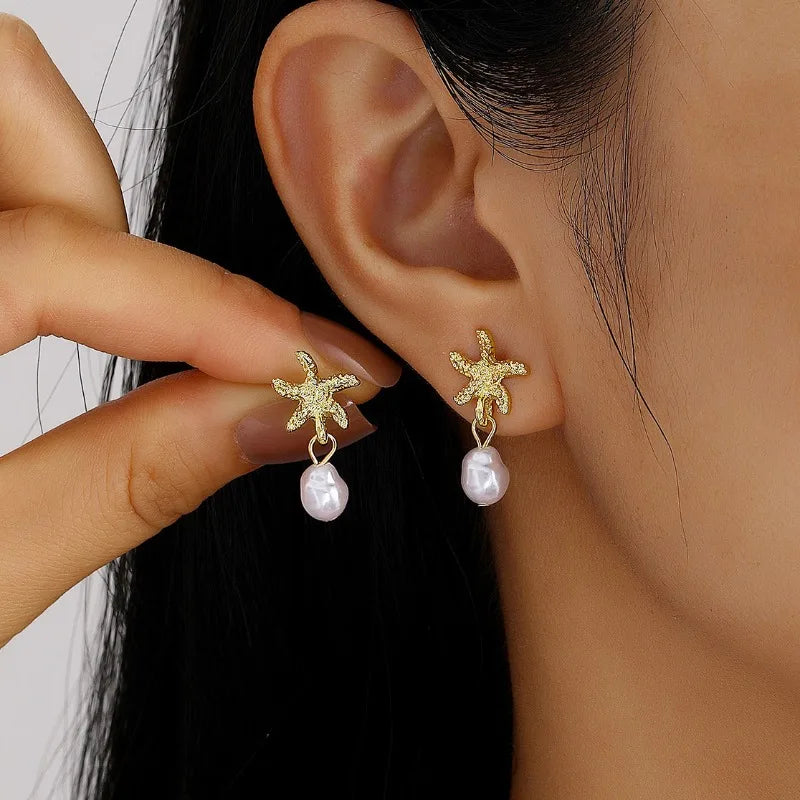 Punk Metal Starfish Stud Earrings for Women Fashion Gold Color Star Geometric Temperament Earrings Summer Jewelry Gift