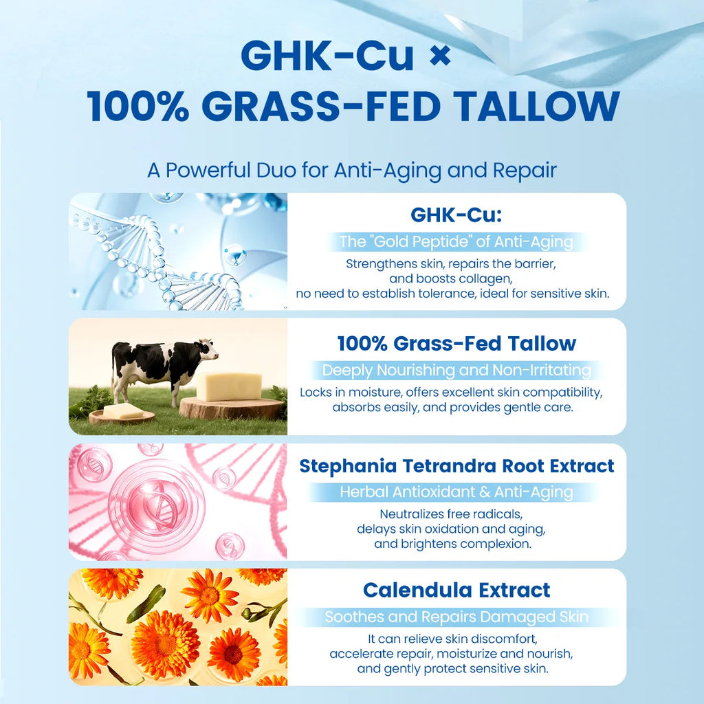 Grass-Fed Blue Balm Moisturizer with GHK-Cu Copper Peptides & Beef Tallow:Calendula Natural Skincare Care for Mature Dry Skin