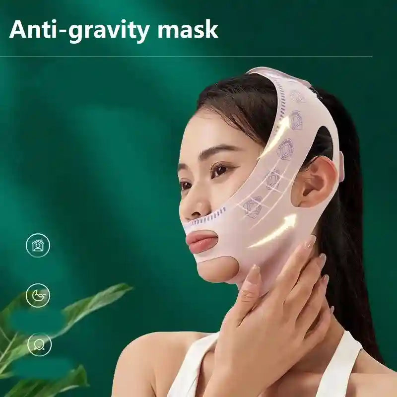 Woman wearing a light pink V-line lifting face bandage to slim the double chin and firm facial contours.