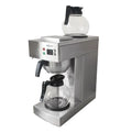XEOLEO commercial stainless steel coffee maker with two glass carafes and dual warming plates.