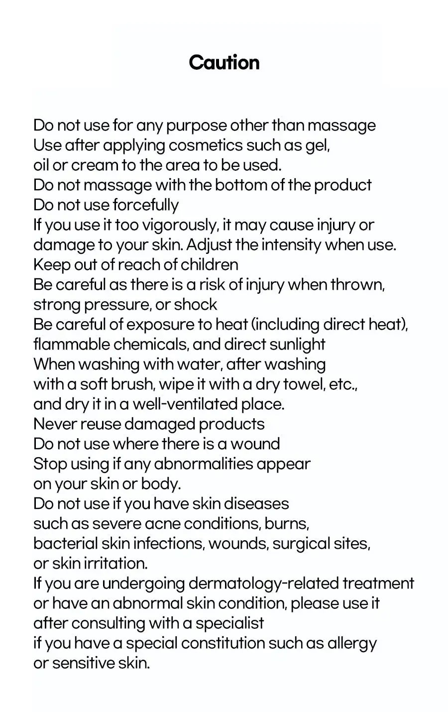 Safety instructions for a massage tool, outlining usage, cleaning, and storage precautions for skin health.