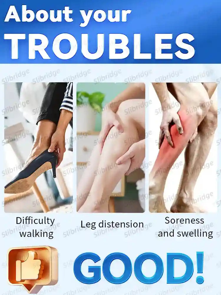 Blue laser device for home varicose vein relief, showing leg pain, swelling, and difficulty walking symptoms.