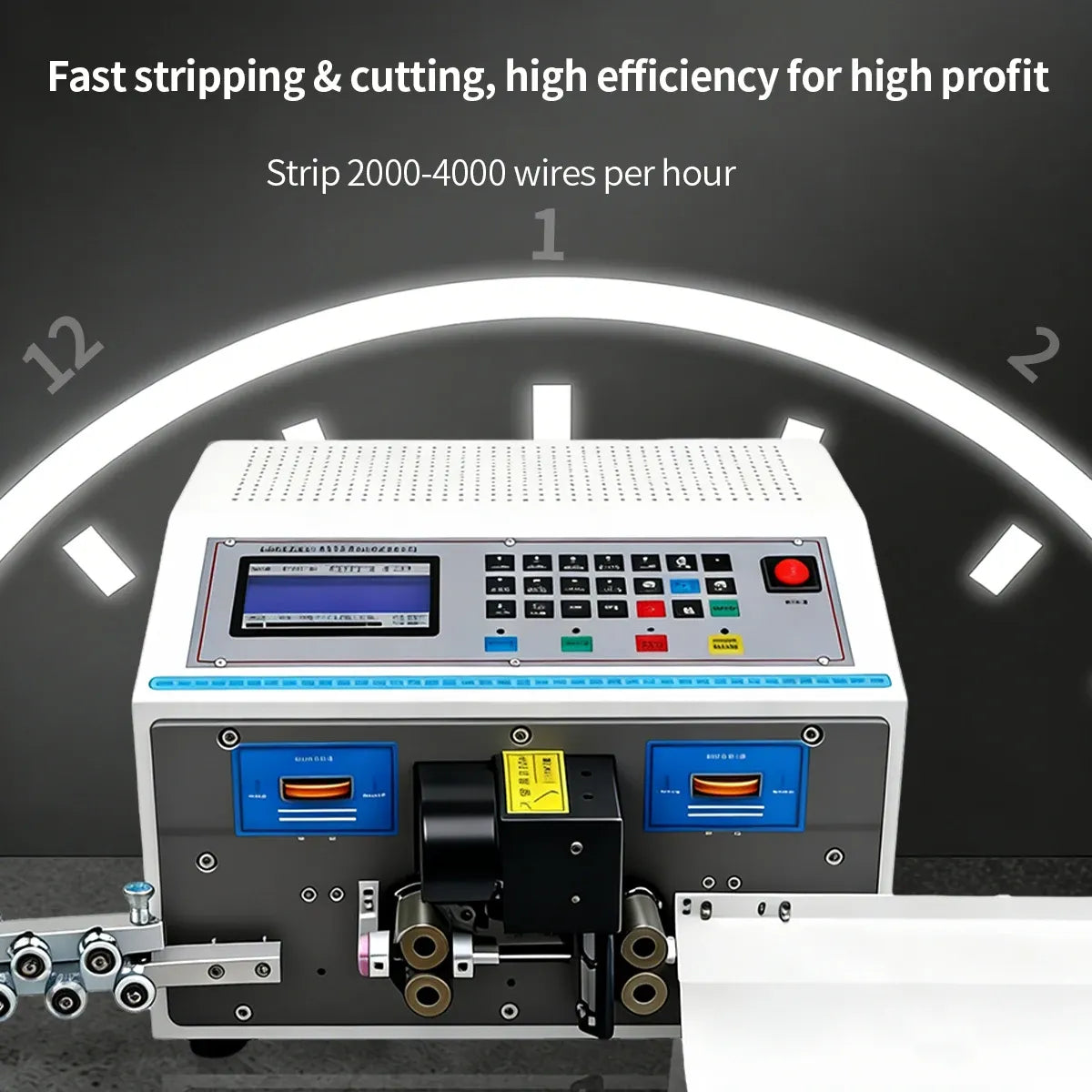 Wire stripping machine front panel with illuminated display and central cutting head