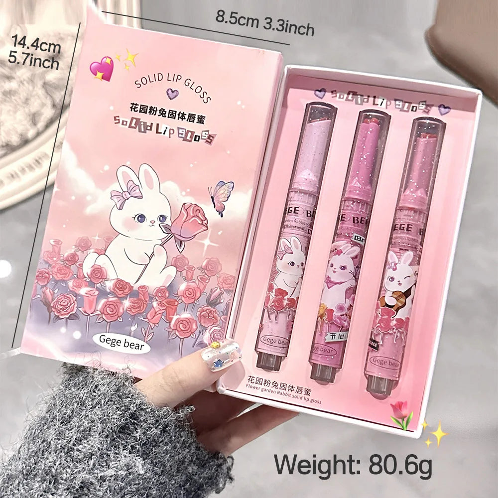 Gege Bear Garden Pink Rabbit solid lip gloss set, moisturizing watery tinted lip balm in cute themed packaging.