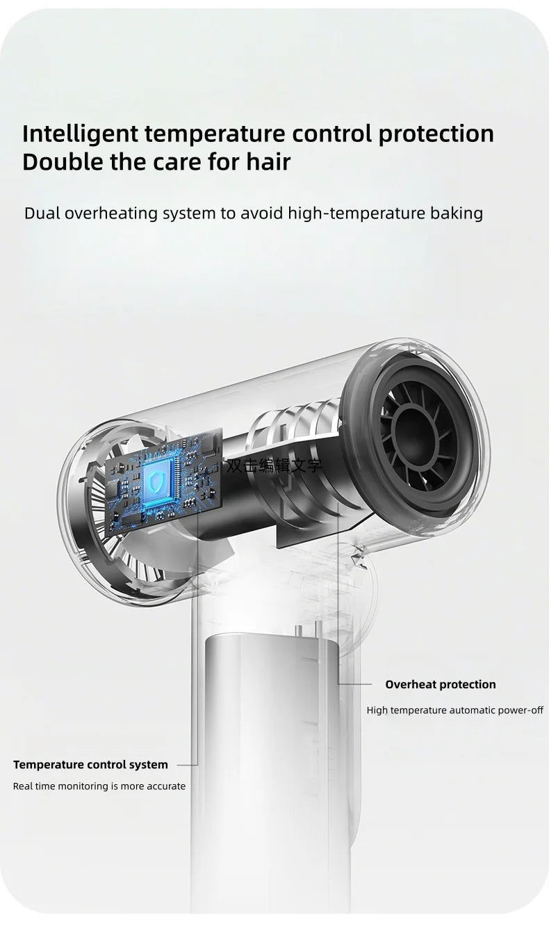 Wireless hair dryer with transparent body, intelligent temperature control, and thermal protection for safe travel drying.