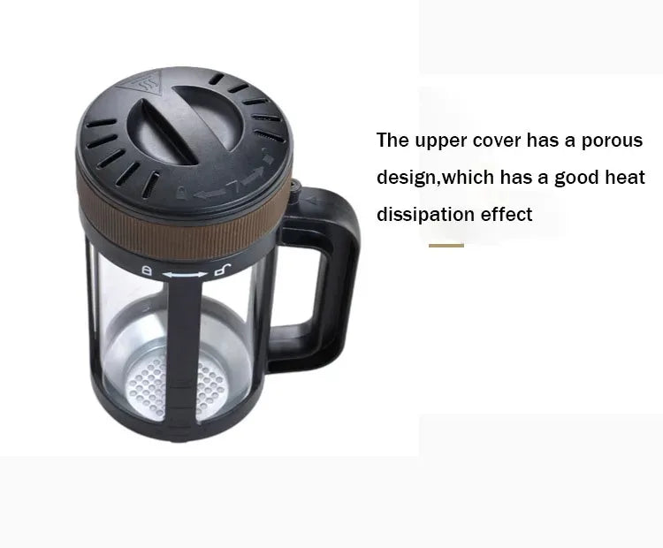 Black glass and plastic coffee maker with a porous heat-dissipating lid and locking handle mechanism.