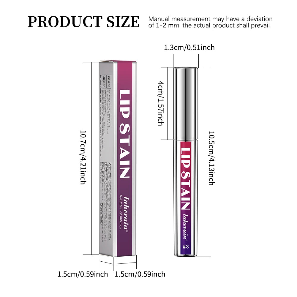 Long-lasting waterproof peel-off lip stain tube and packaging box with dimensions, matte finish, pink and silver design.
