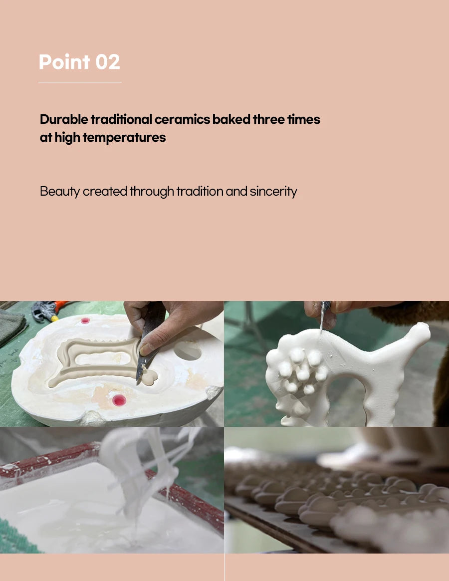 A collage showing the manufacturing process of white ceramic D-tok Gua sha tools, including molding and detailing.