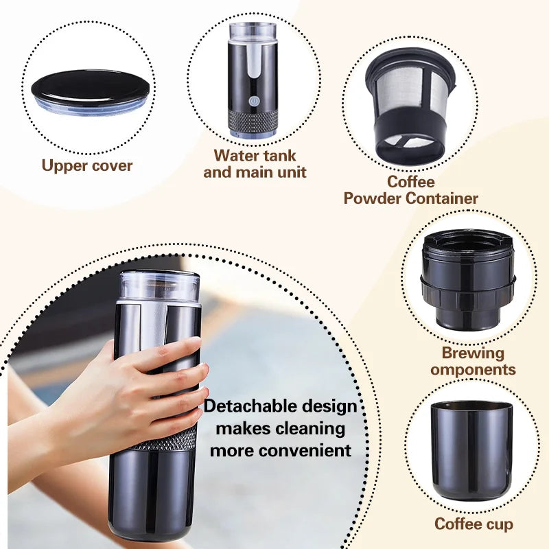 Portable black coffee maker with detachable parts, including powder container, brewing unit, and travel cup.