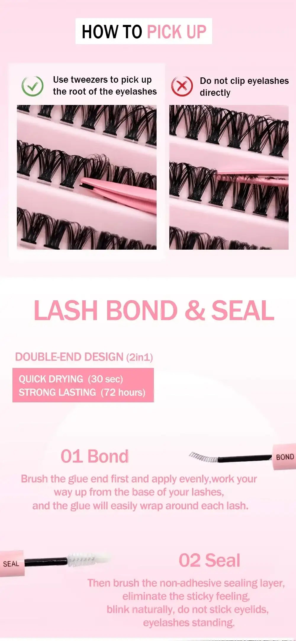DIY cluster lash kit infographic showing correct tweezer usage and how to apply the 2-in-1 bond and seal adhesive.