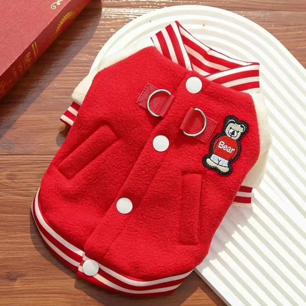 Red fleece winter puppy baseball jacket with D-ring for outdoor walks. Warm, button-up pet coat for small dogs and cats.