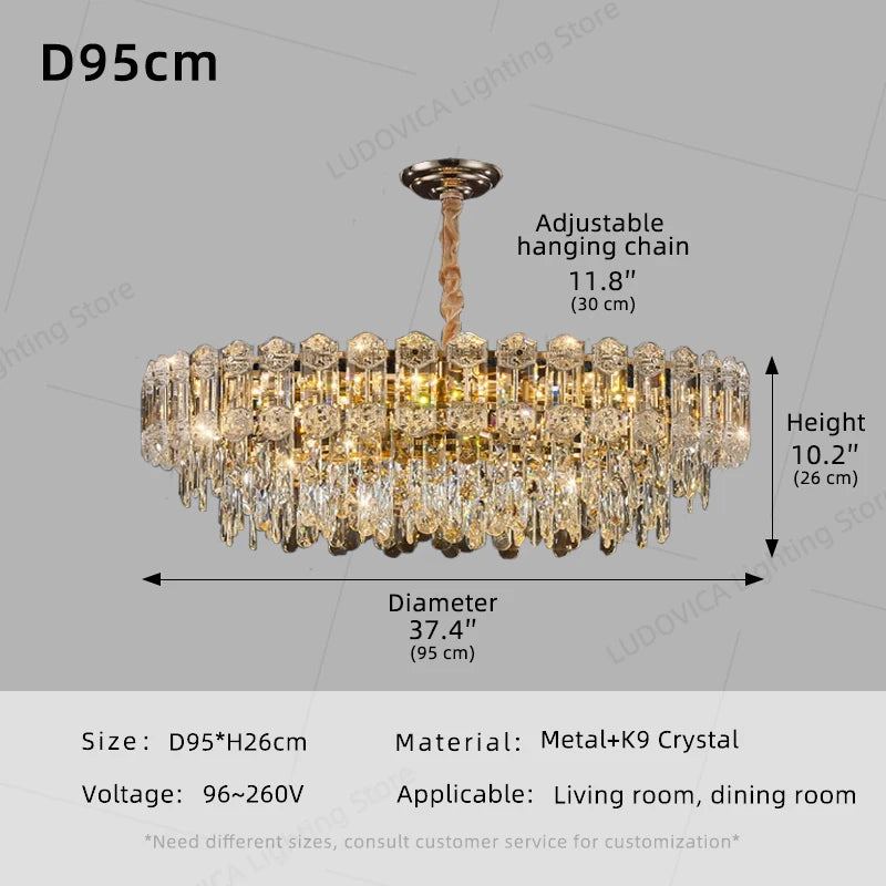 Modern Crystal LED Chandelier for High Ceilings - Adjustable Light D95CM Tidesmit