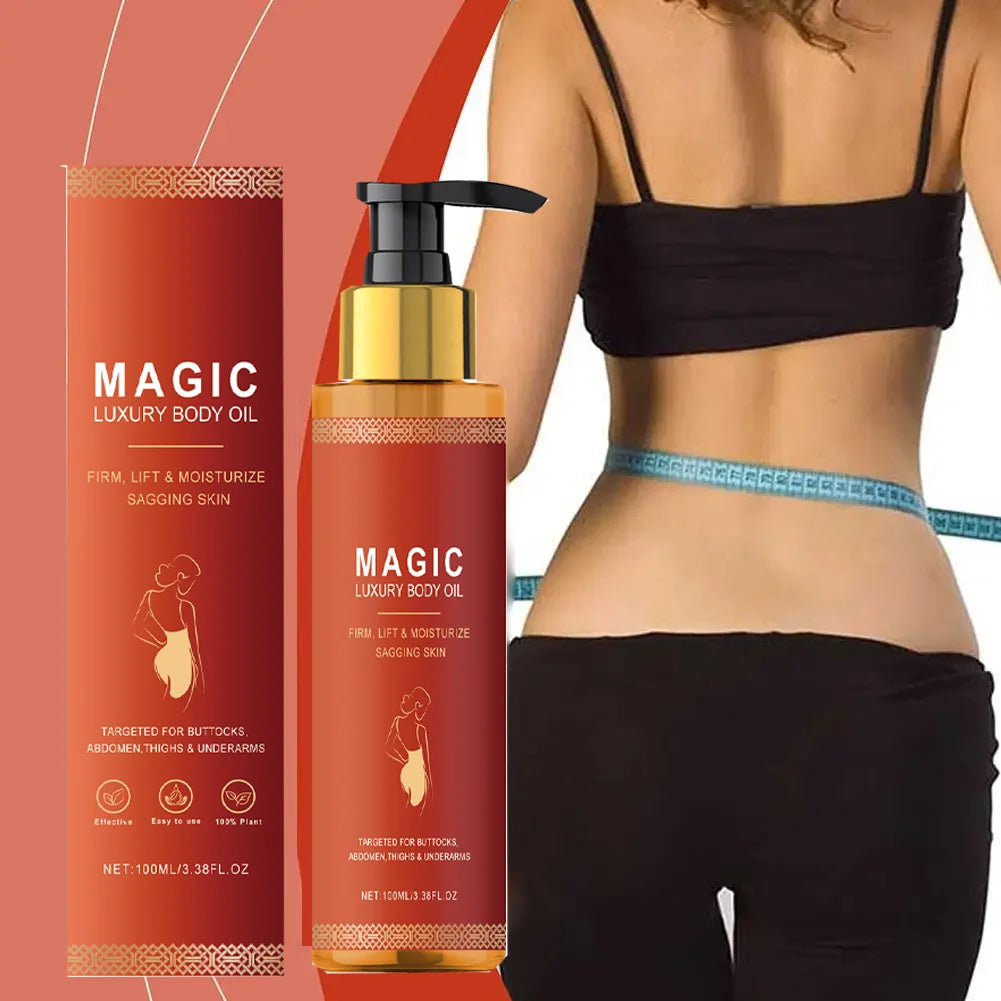 A pump bottle of Magic Luxury Body Oil beside its orange box, with a woman measuring her waist in the background.