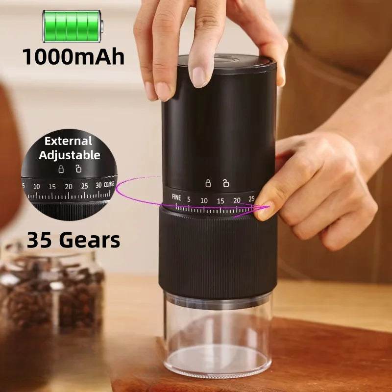 Portable black electric coffee grinder with 1000mAh battery and 35 adjustable grind settings for precision brewing.