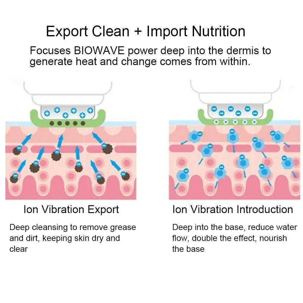 Diagram showing ion vibration technology for skin cleansing and nutrient absorption into the dermis.