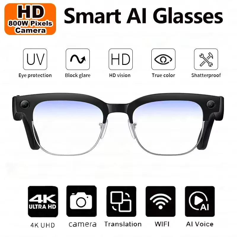 AI Smart Glasses with 8K Camera - Black Bluetooth Mixed Reality Headset Blue light Tidesmit