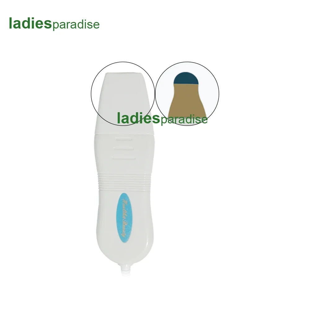 White handheld ultrasonic skin scrubber with a flat metal spatula tip for facial deep cleaning and exfoliation.