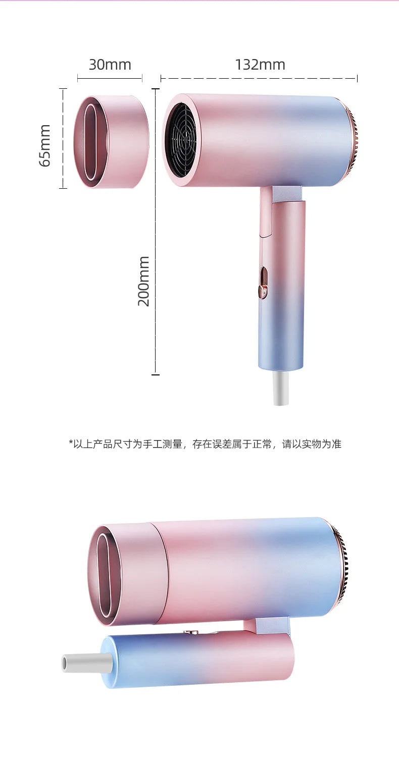 Foldable mini hair dryer in ombre pink and blue with concentrator nozzle, showing compact dimensions for travel.