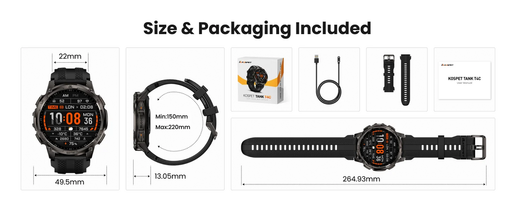 KOSPET TANK T4C Smart & Rugged Watch for Men Military-Grade Body with GPS Health Tracking & On-Wrist Flashlight 5ATM Waterproof