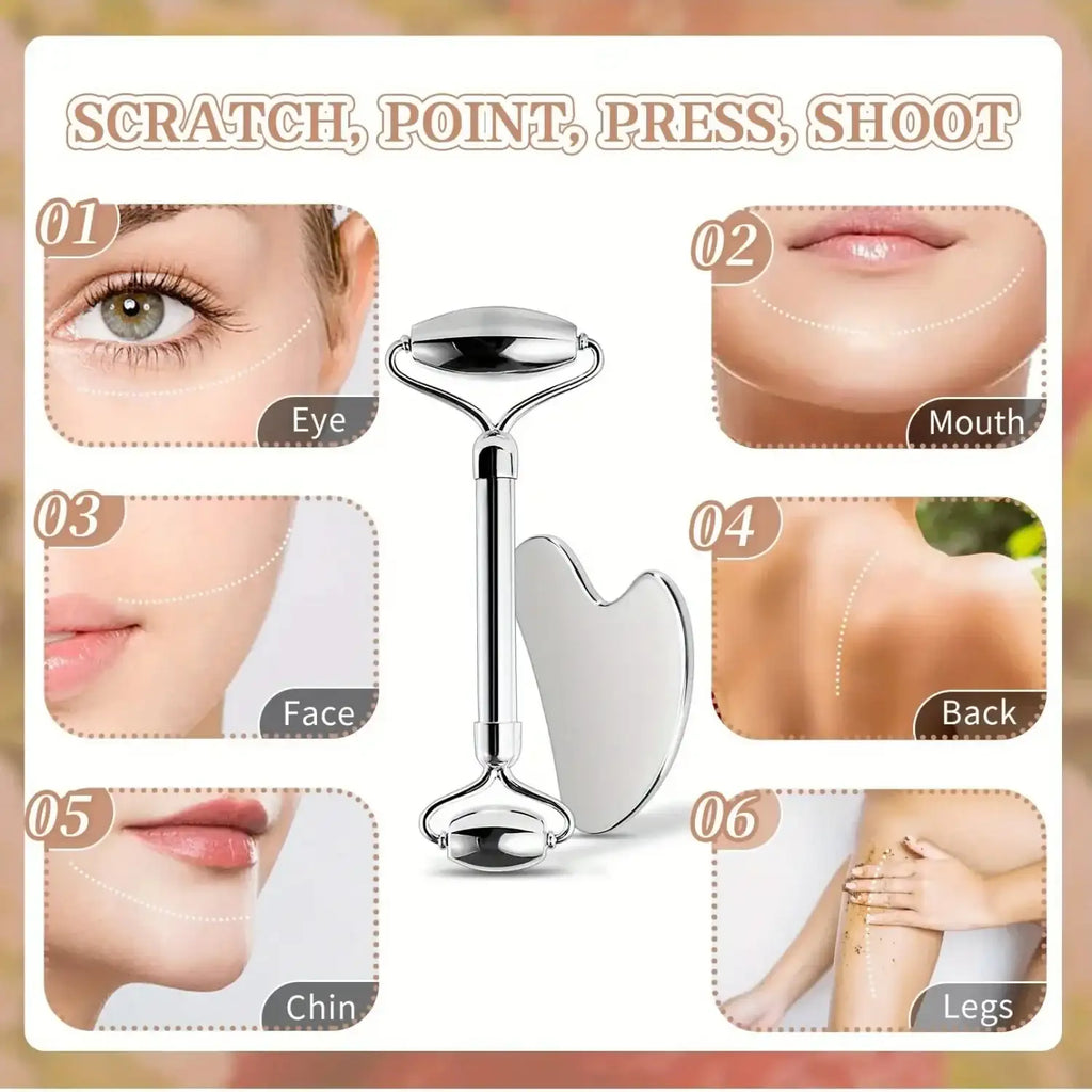 Silver stainless steel dual-head facial roller and heart-shaped gua sha tool with illustrative usage diagrams.
