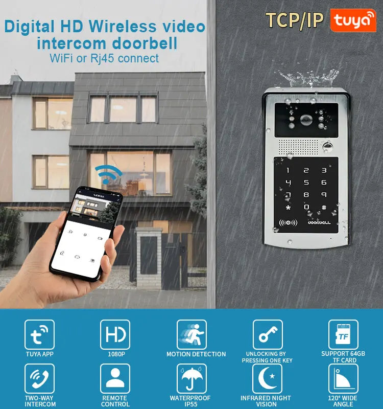 2MP 1080P Tuya APP WIFI Rifd Password TCP/IP Video Door Phone Wide Angle Intercom Visual Doorbell  Door Entry Camera