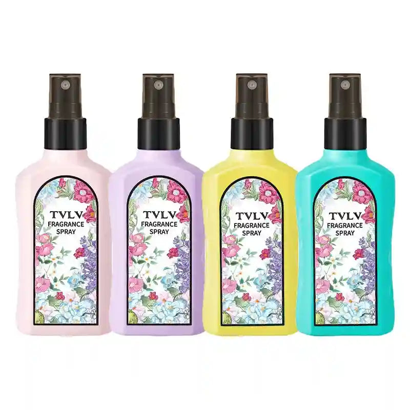 TVLV Jasmine long-lasting fragrance spray set for women in colorful square bottles with floral labels. Fresh scent.