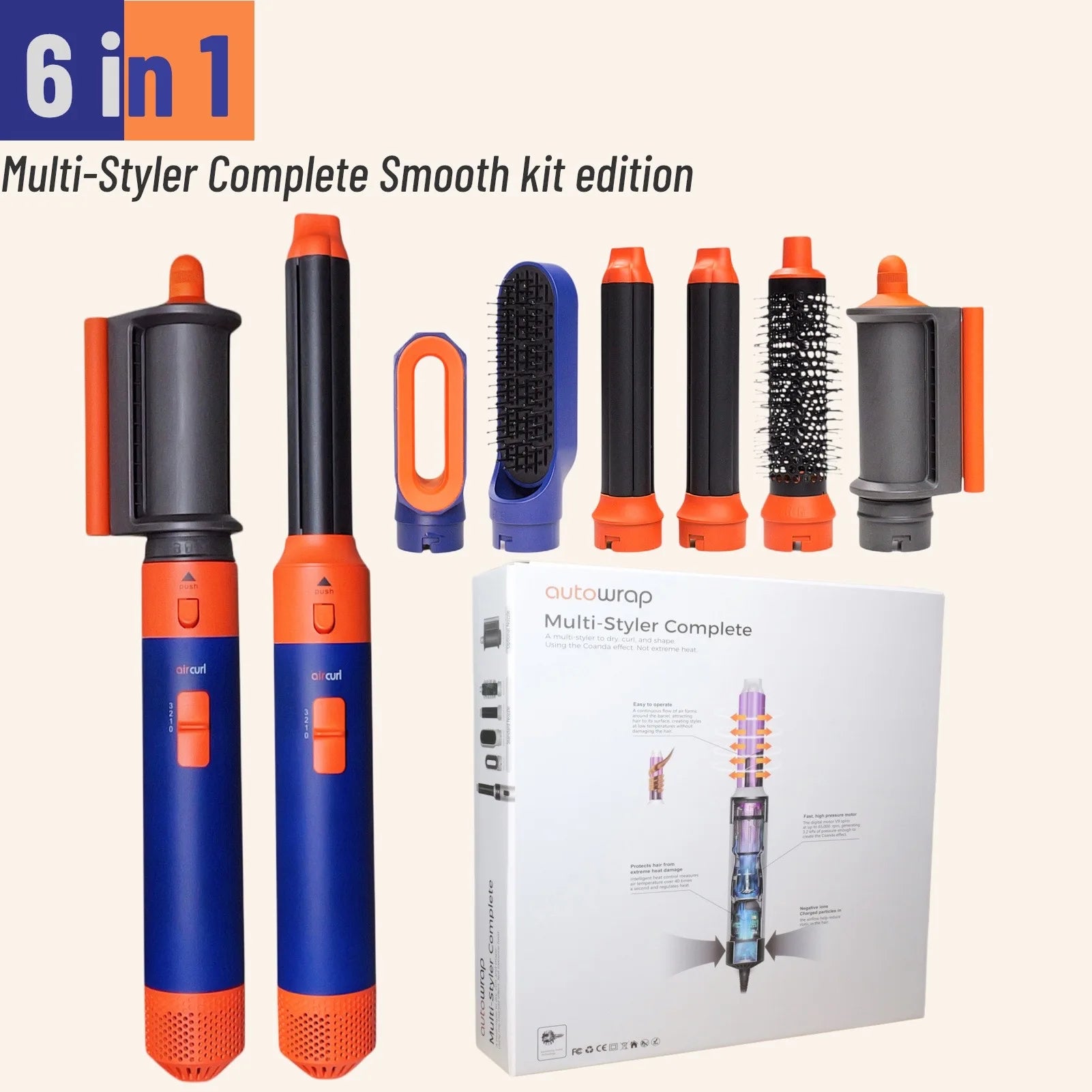6-in-1 hot air styler set in blue and orange with curling barrels, brushes, and dryer attachment for smooth hair.