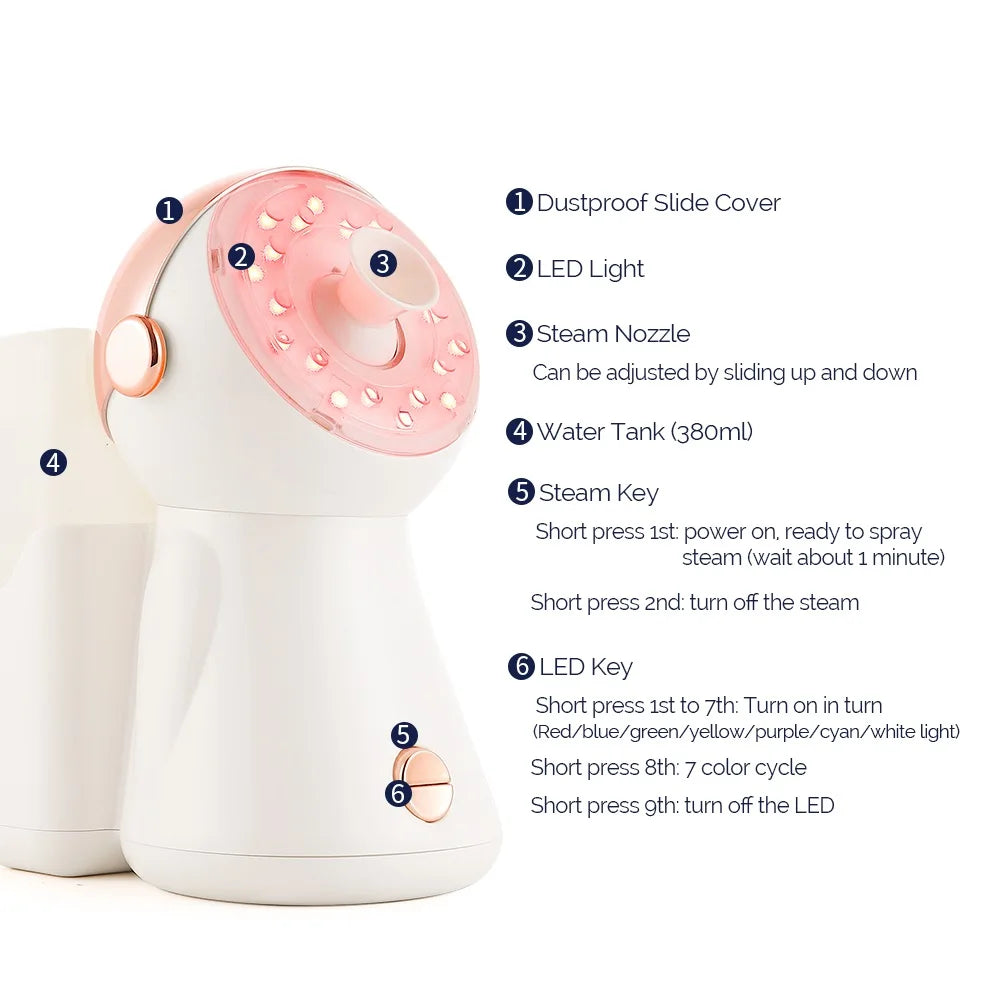White and rose gold facial steamer with a steam nozzle, LED light ring, sliding cover, and side water tank.