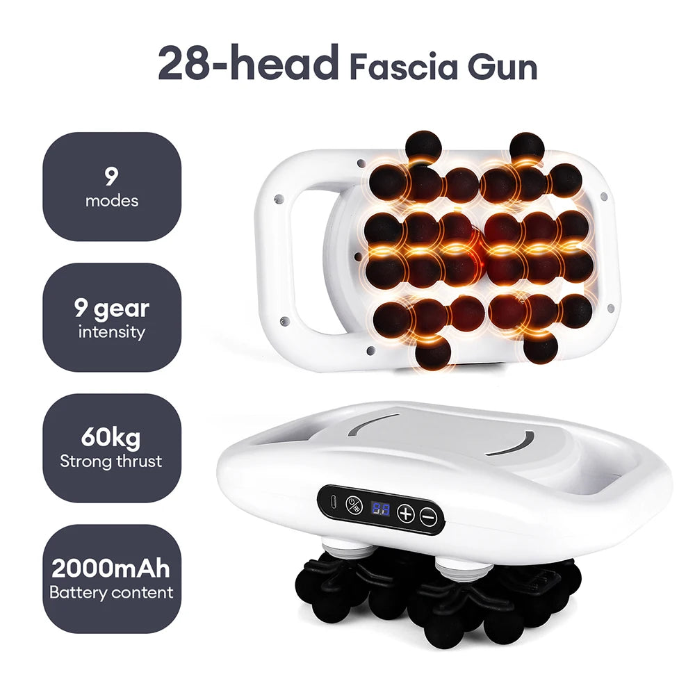 White 28-head handheld fascia massage gun with digital controls, featuring a multi-ball surface for muscle recovery.