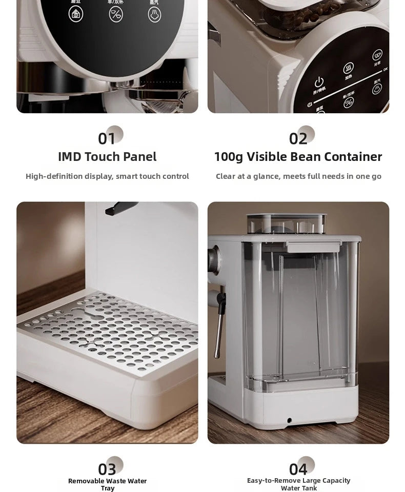 White espresso machine features 100g bean hopper, touch display, removable drip tray and large water tank.