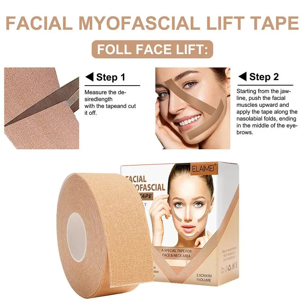 Beige facial myofascial lift tape roll with instructions for application to the face and neck to lift skin.